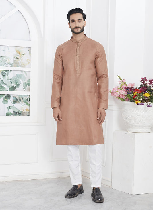 Fancy Work Cotton , Linen Brown Kurta Pyjama - M7113