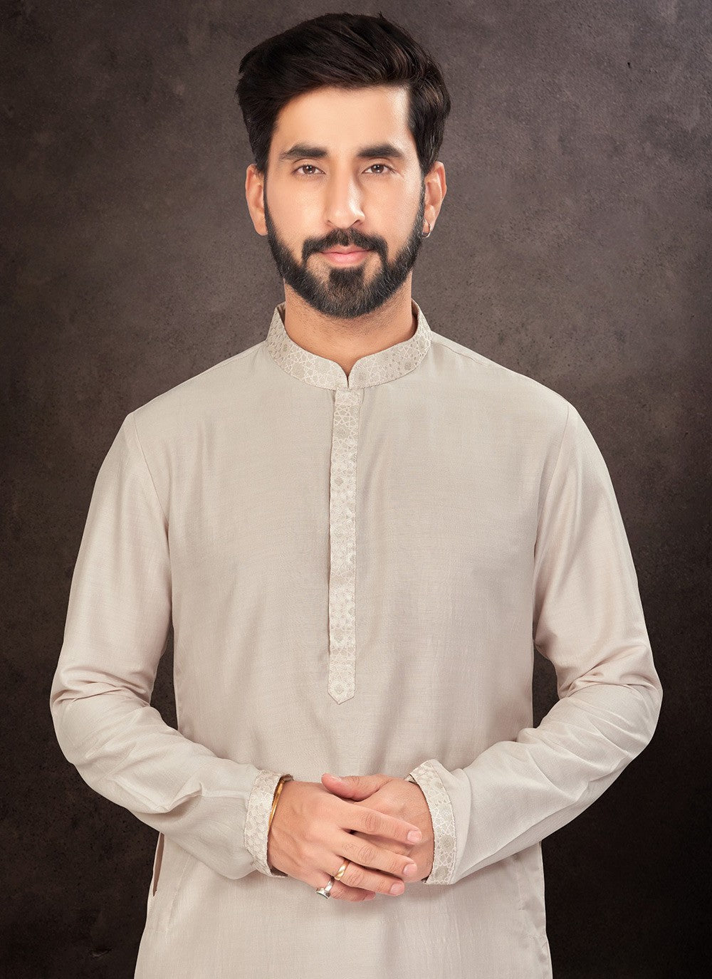 Plain Art Dupion Silk Brown Kurta Pyjama - M7226