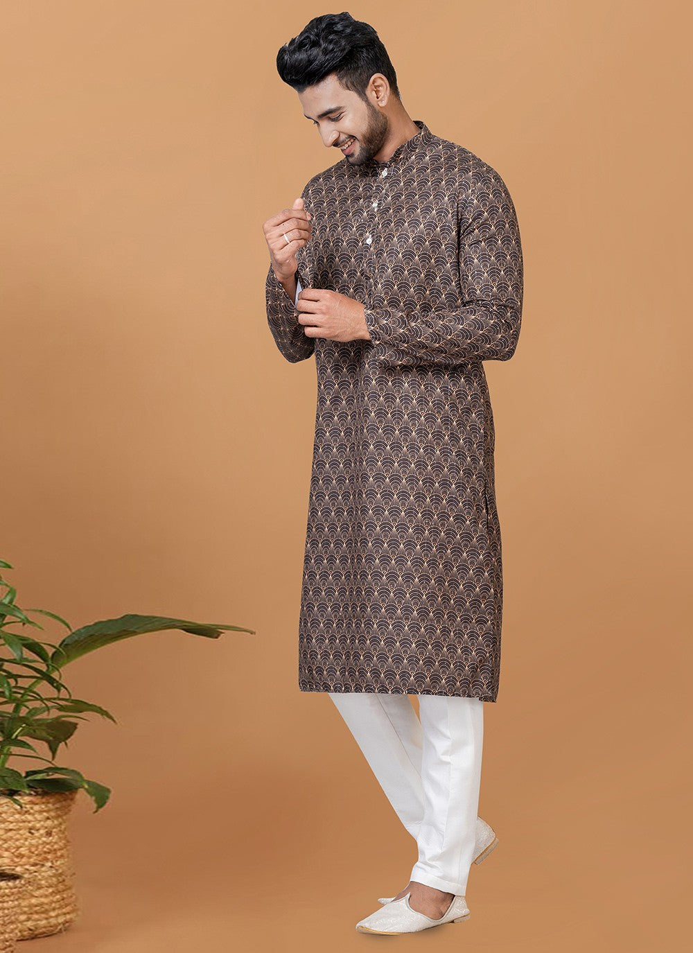 Digital Print Cotton Brown Kurta Pyjama - M5923