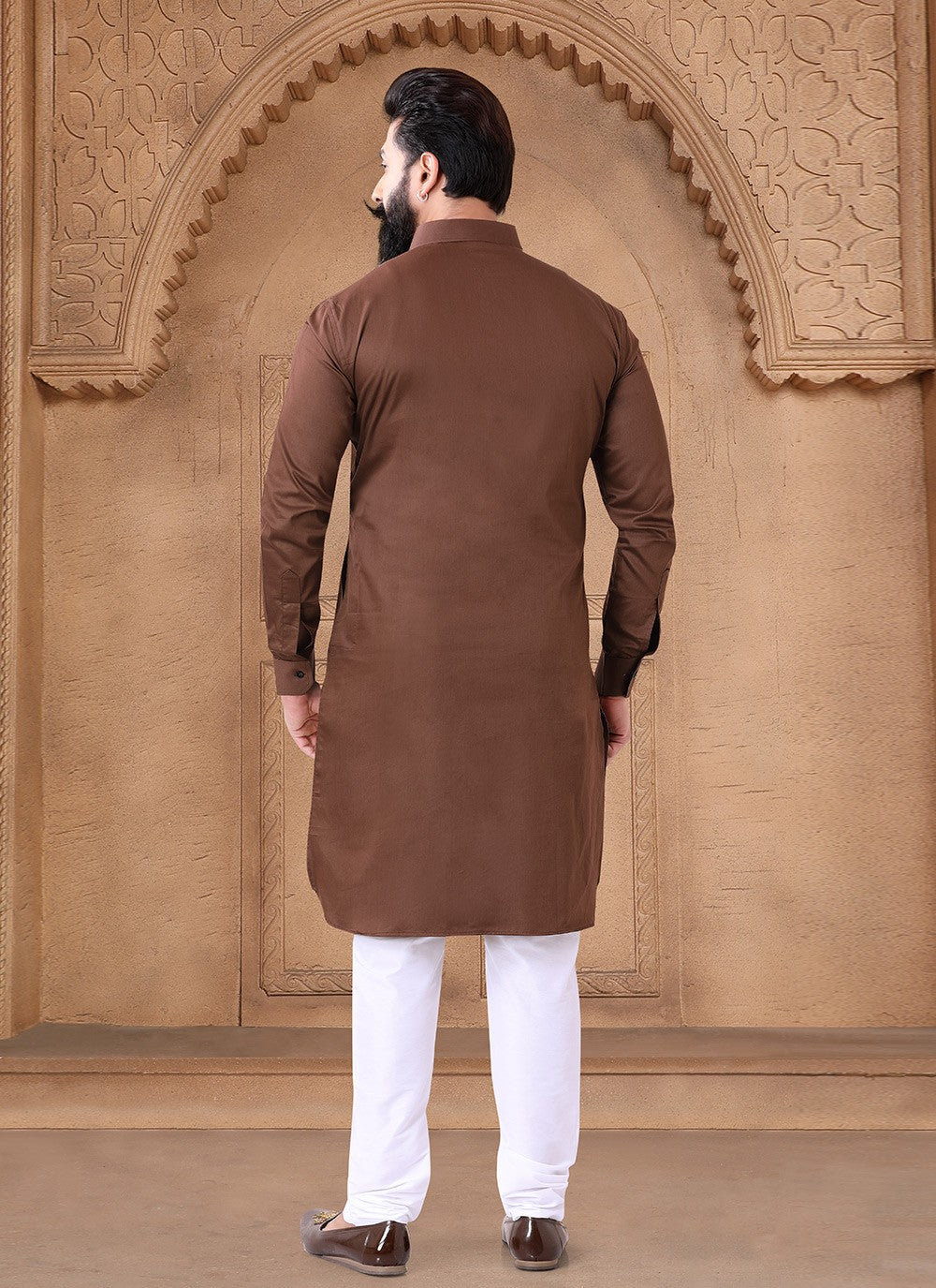 Fancy Work Cotton Brown Kurta - M7645