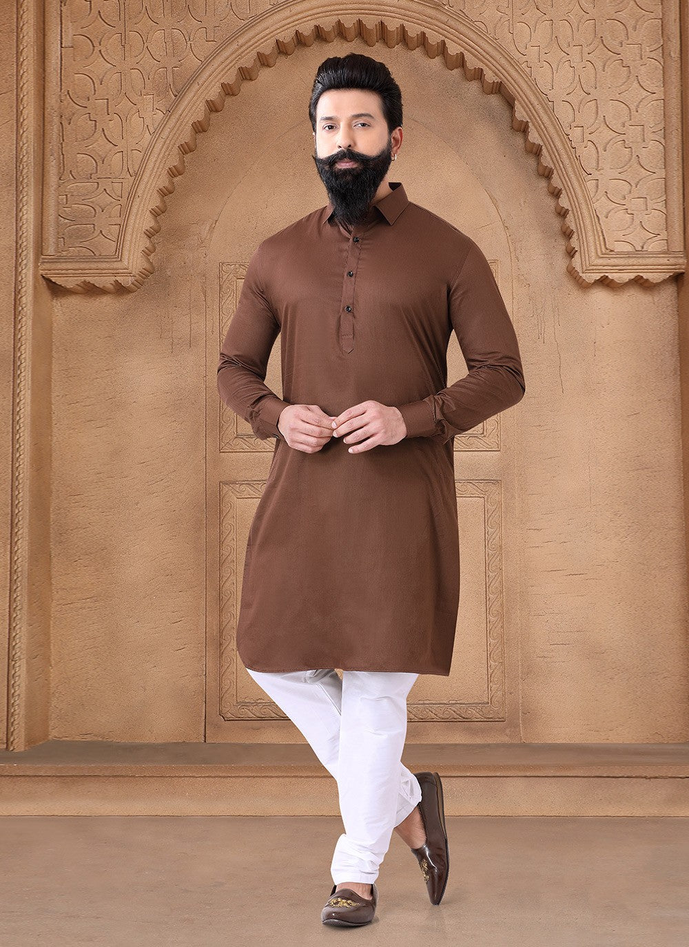 Fancy Work Cotton Brown Kurta - M7645