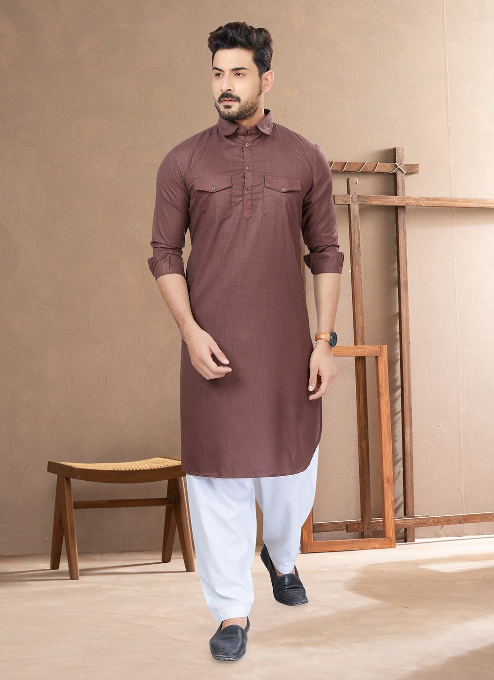 Plain Cotton Brown Kurta Pyjama - M6490