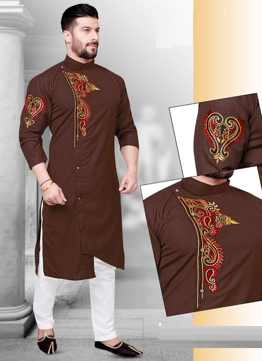 Resham Cotton Brown Kurta Pyjama - M2194