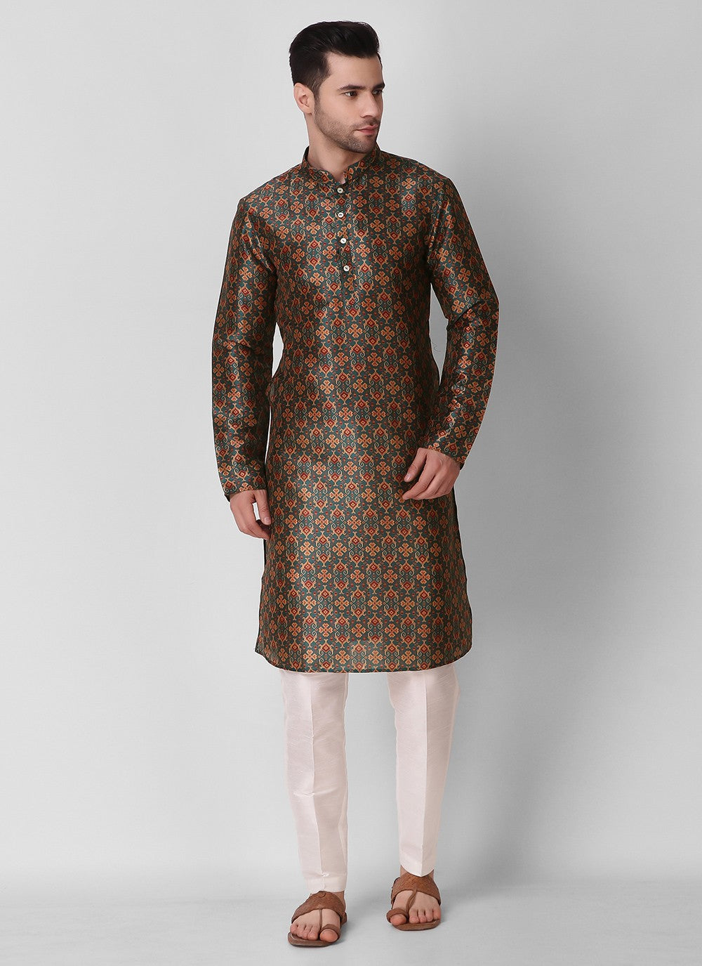 Digital Print Art Silk Brown Kurta Pyjama - M3114