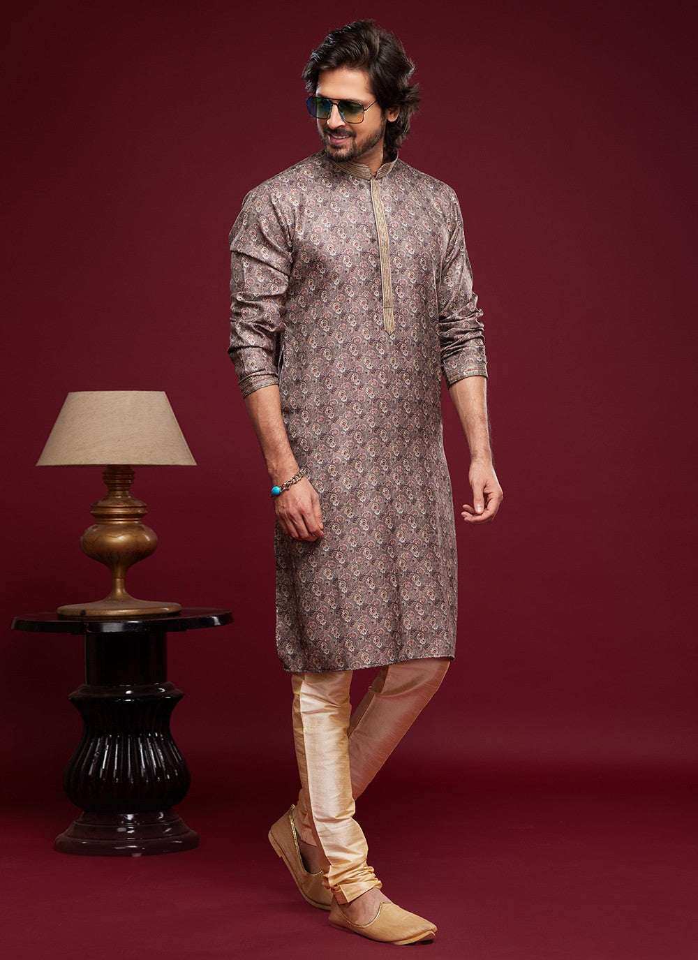 Digital Print Art Silk Brown Kurta Pyjama - M6031