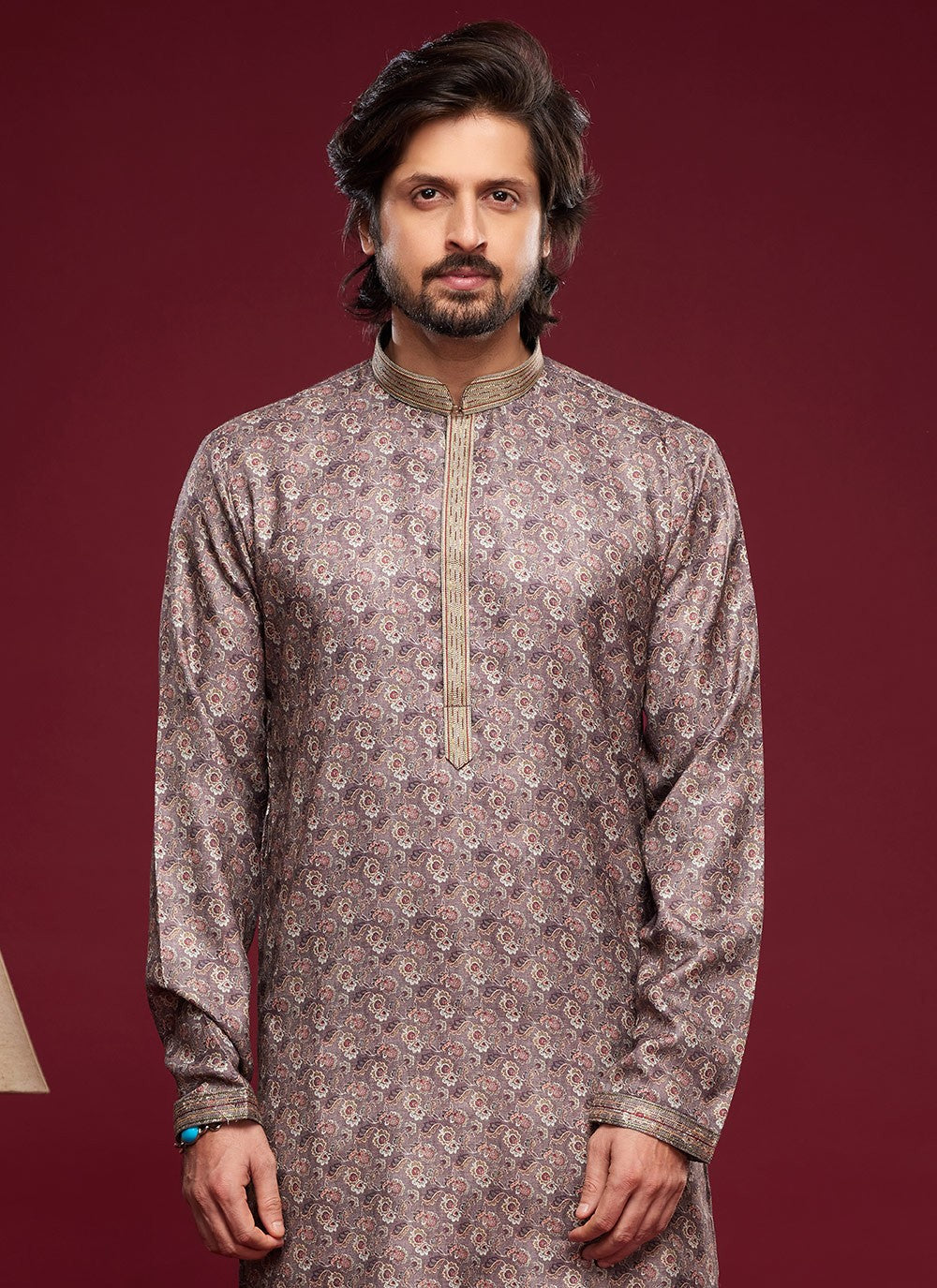 Digital Print Art Silk Brown Kurta Pyjama - M6031