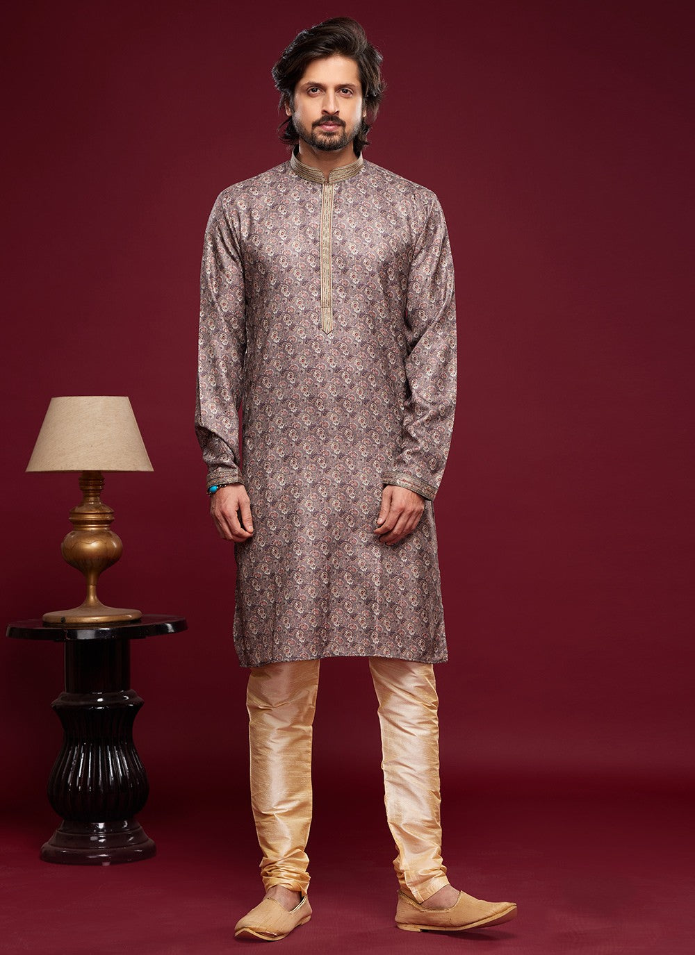 Digital Print Art Silk Brown Kurta Pyjama - M6031