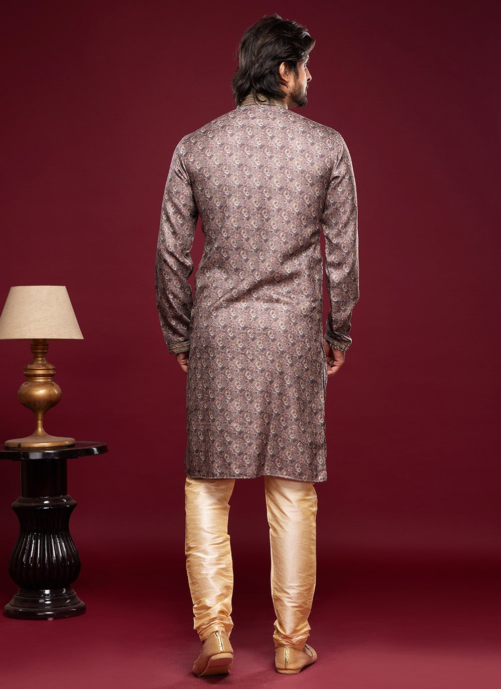 Digital Print Art Silk Brown Kurta Pyjama - M6031