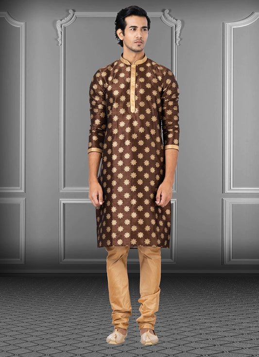 Printed Dupion Silk Brown Kurta Pyjama - M3714