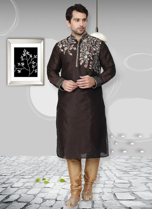 Embroidered Dupion Silk Brown Kurta Pyjama - M6561