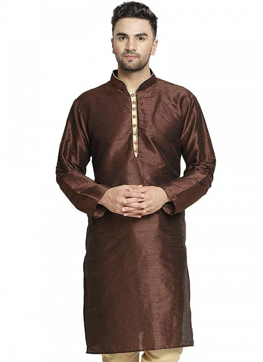 Embroidered Art Dupion Silk Brown Kurta - M1263