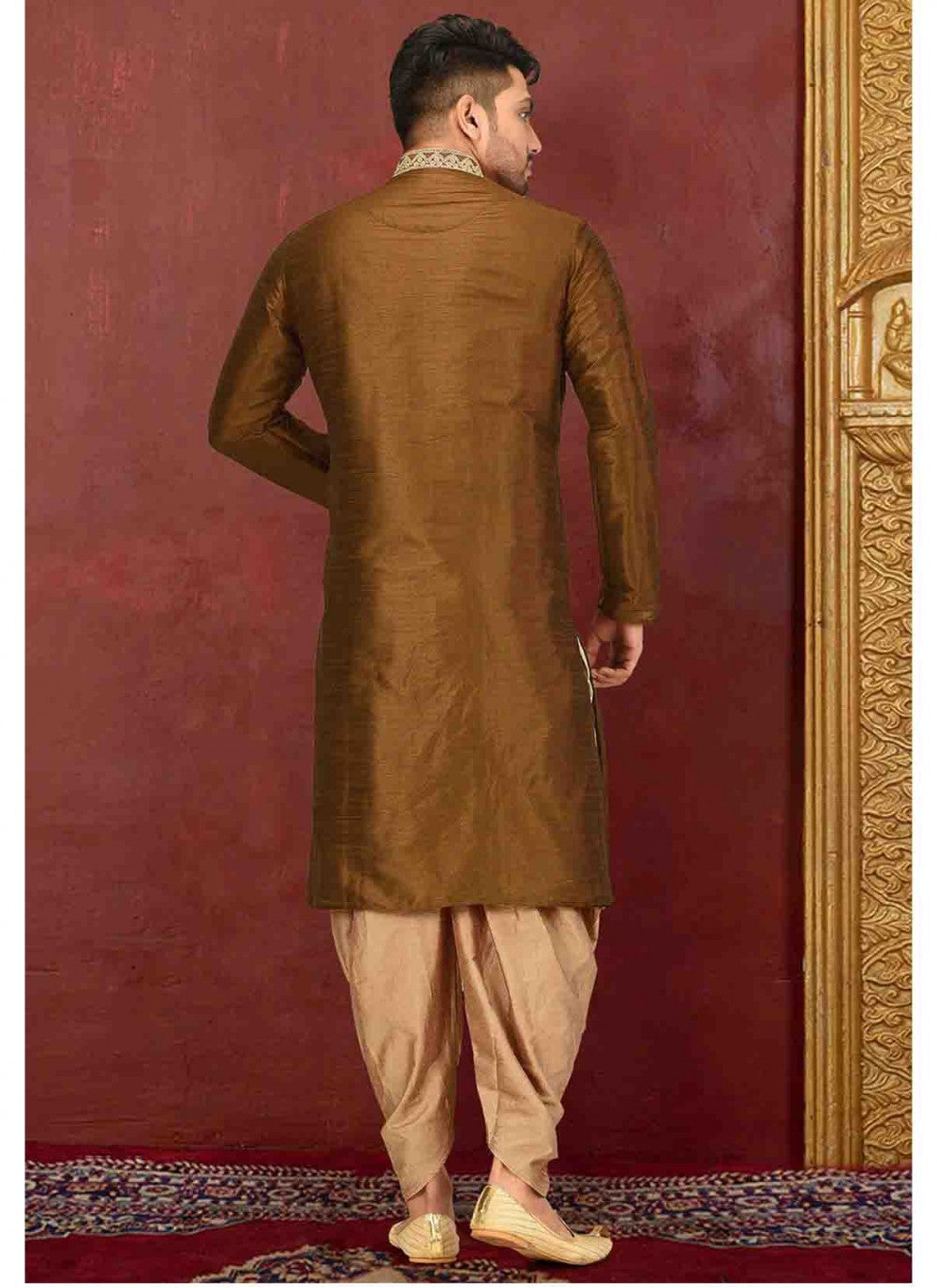 Embroidered Art Dupion Silk Brown Kurta Pyjama - M1584