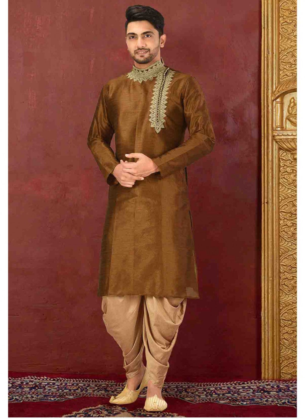 Embroidered Art Dupion Silk Brown Kurta Pyjama - M1584