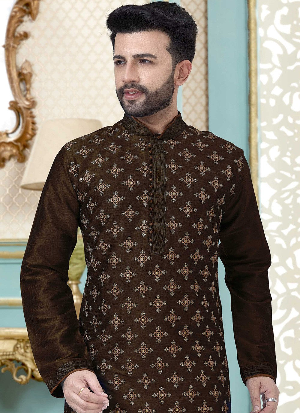 Embroidered Dupion Silk Brown Kurta Pyjama - M3875