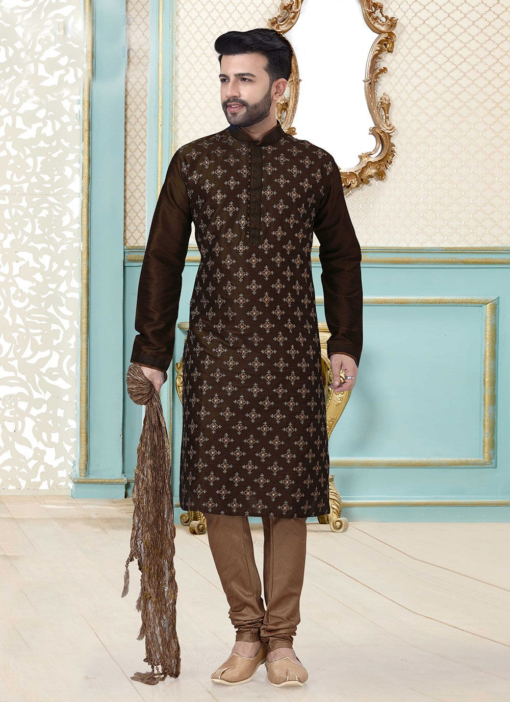 Embroidered Dupion Silk Brown Kurta Pyjama - M3875