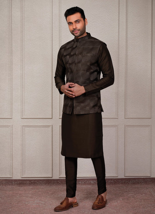 Embroidered Silk Brown Kurta Payjama With Jacket - M8359