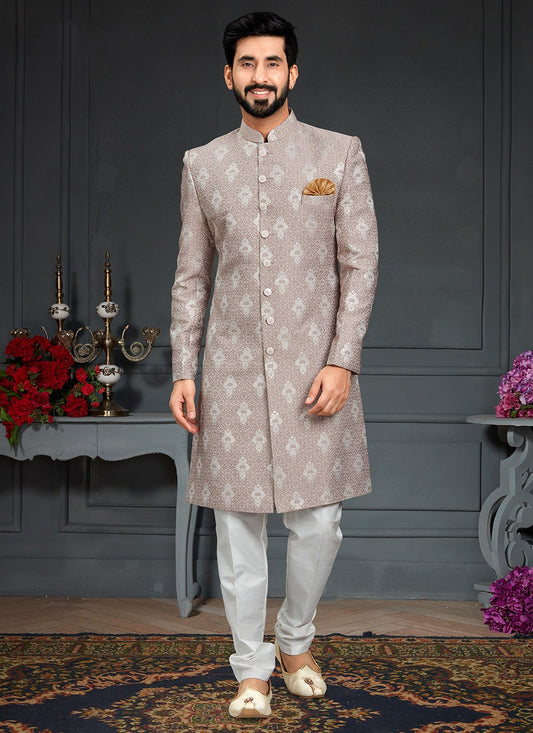 Embroidered Imported, Jacquard Brown Indo Western - M3442