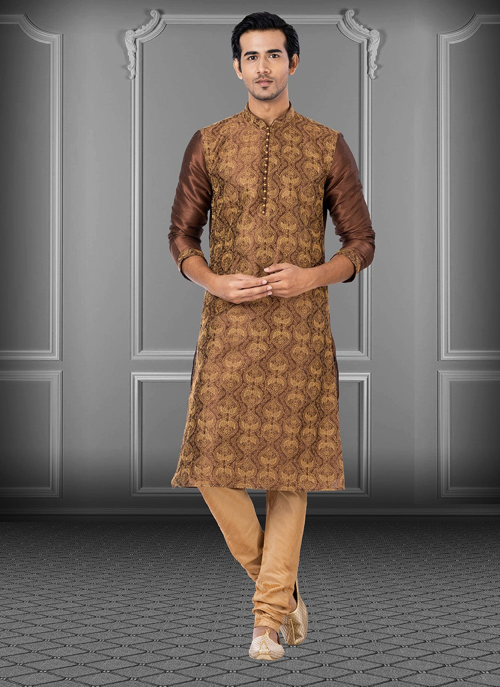 Embroidered Dupion Silk Brown Kurta Pyjama - M3701