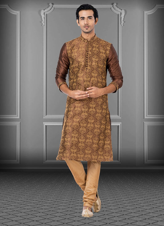 Embroidered Dupion Silk Brown Kurta Pyjama - M3701