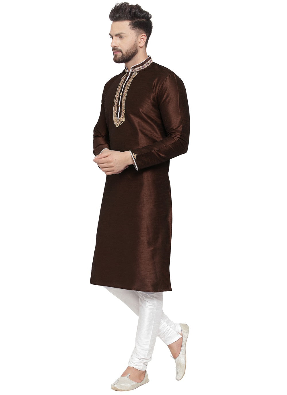 Embroidered Dupion Silk Brown Kurta Pyjama - M7338