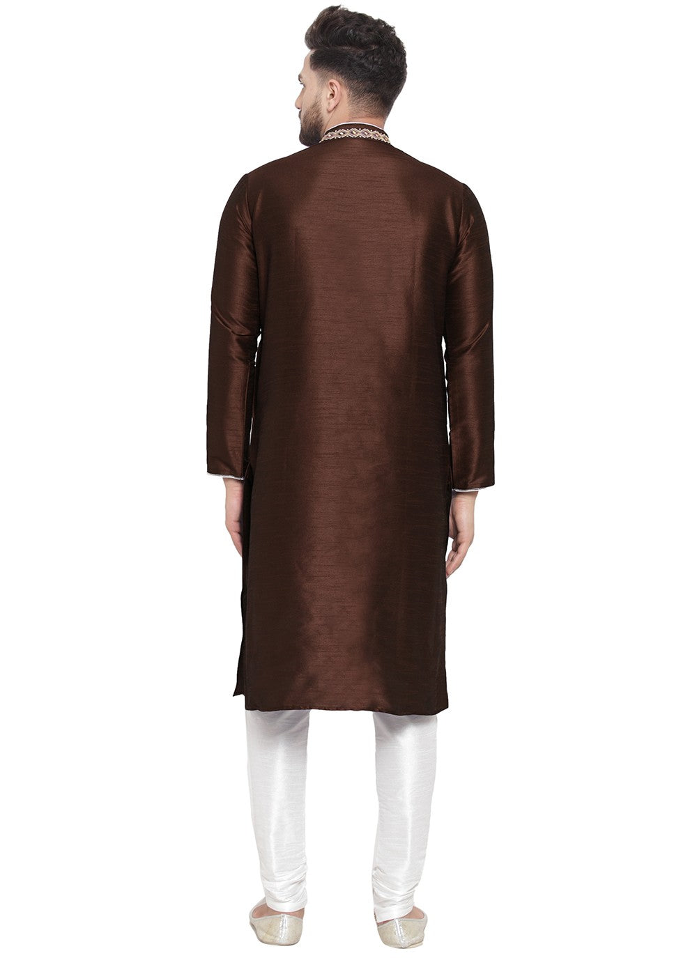 Embroidered Dupion Silk Brown Kurta Pyjama - M7338