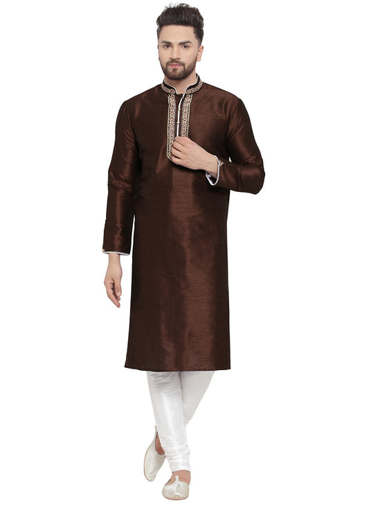 Embroidered Dupion Silk Brown Kurta Pyjama - M7338