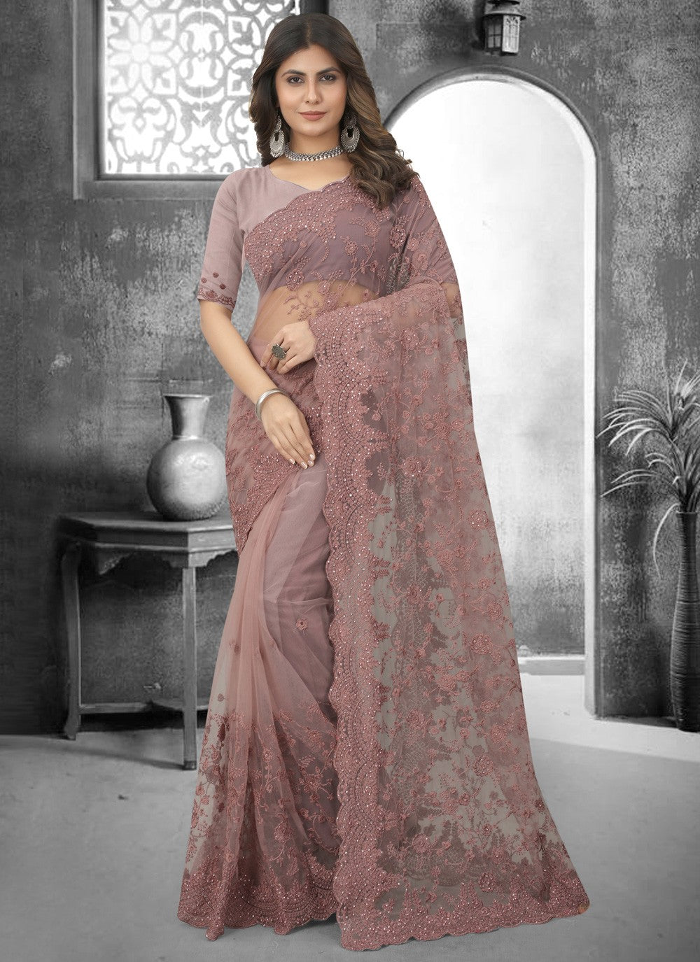 Classic Embroidered Net Saree - S3120