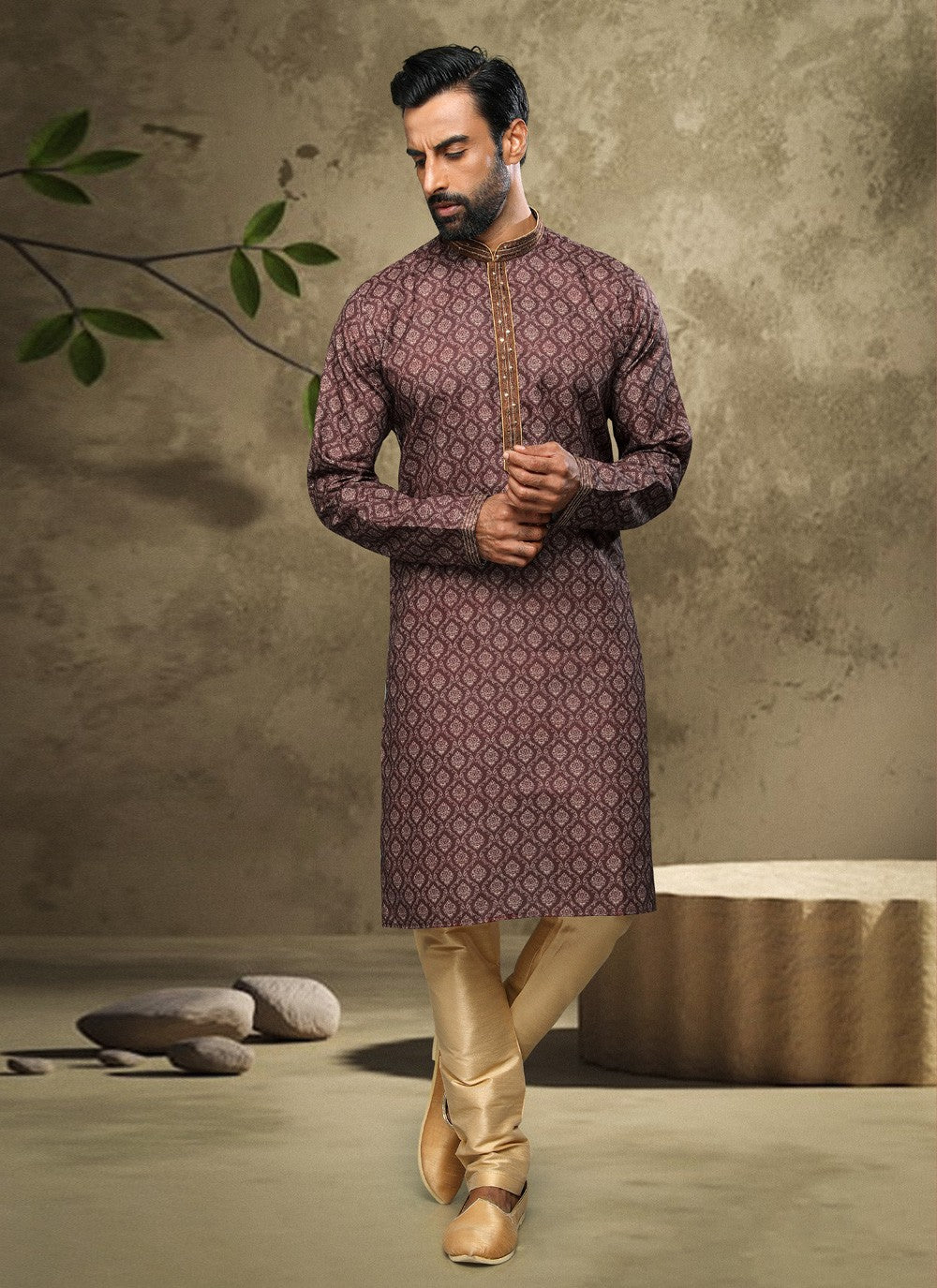 Digital Print Handloom Cotton Brown Kurta Pyjama - M3869