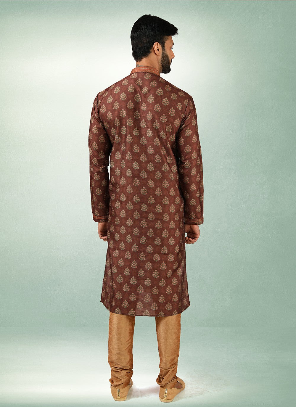 Printed Art Silk Brown Kurta Pyjama - M2865