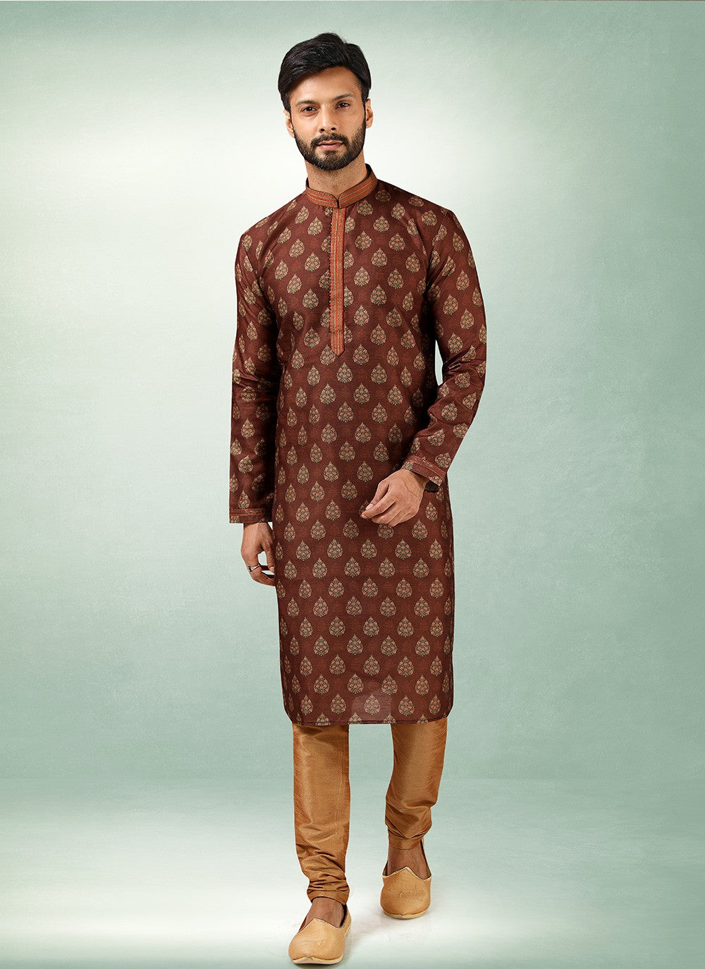 Printed Art Silk Brown Kurta Pyjama - M2865