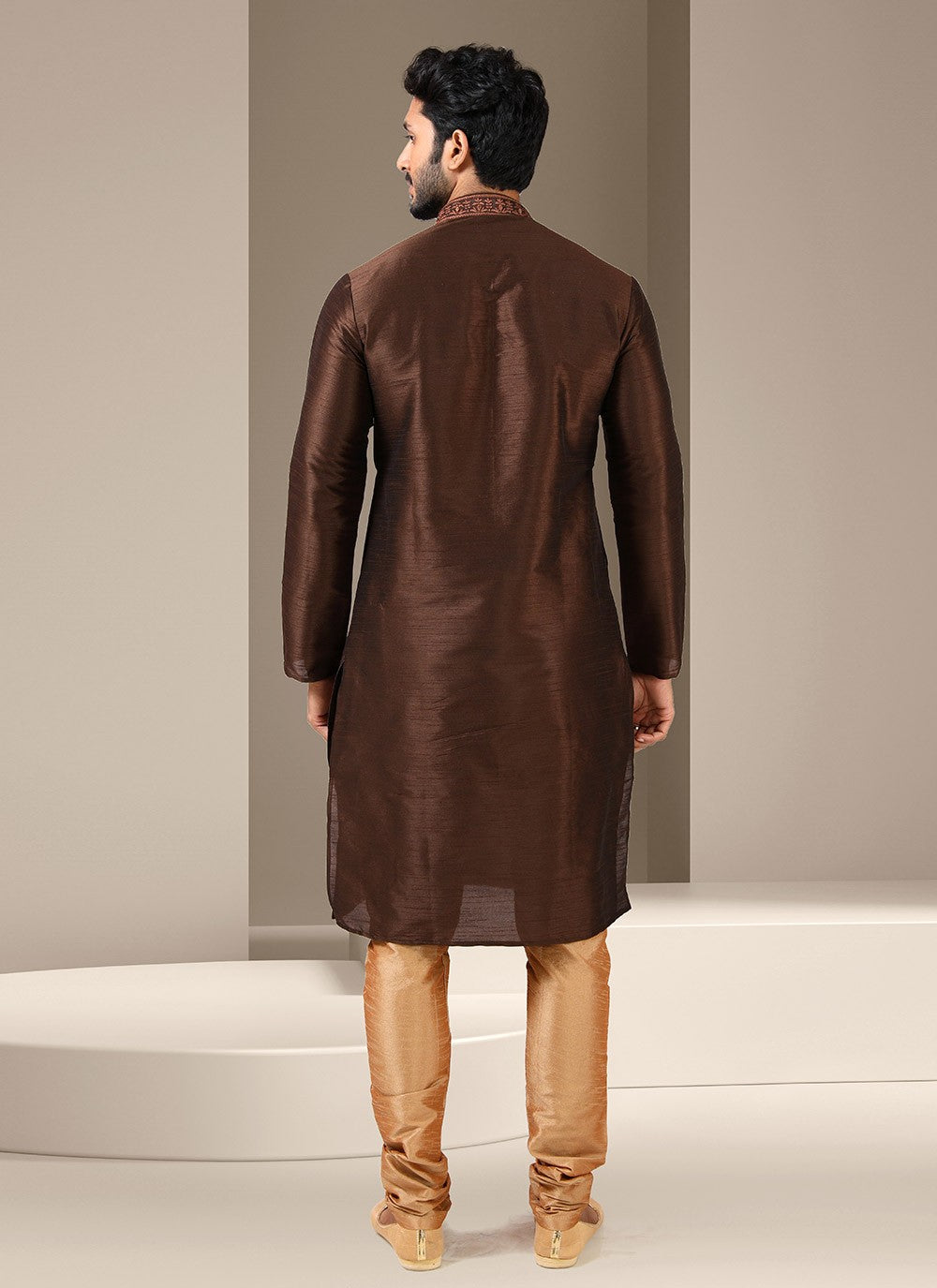 Embroidered Banarasi Silk Brown Kurta Pyjama - M3226