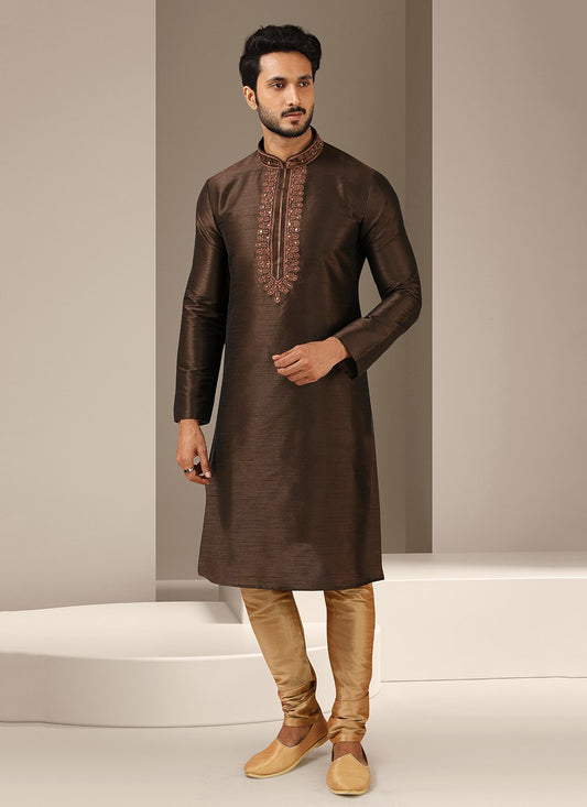 Embroidered Banarasi Silk Brown Kurta Pyjama - M3226