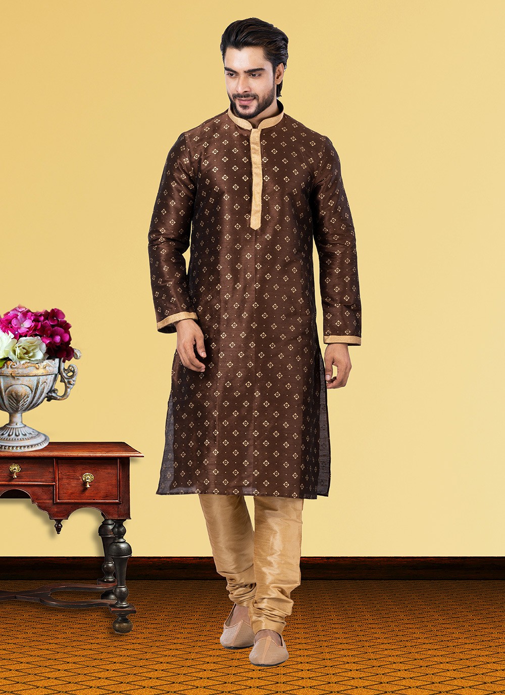 Printed Dupion Silk Brown Kurta Pyjama - M3693