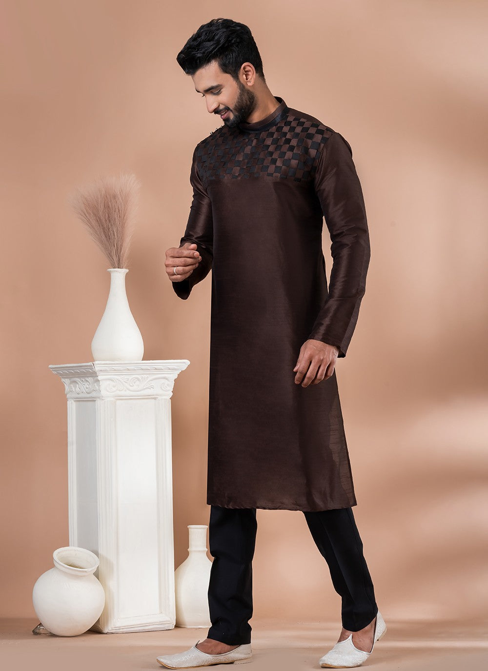 Fancy Work Banarasi Silk Brown Kurta Pyjama - M6988