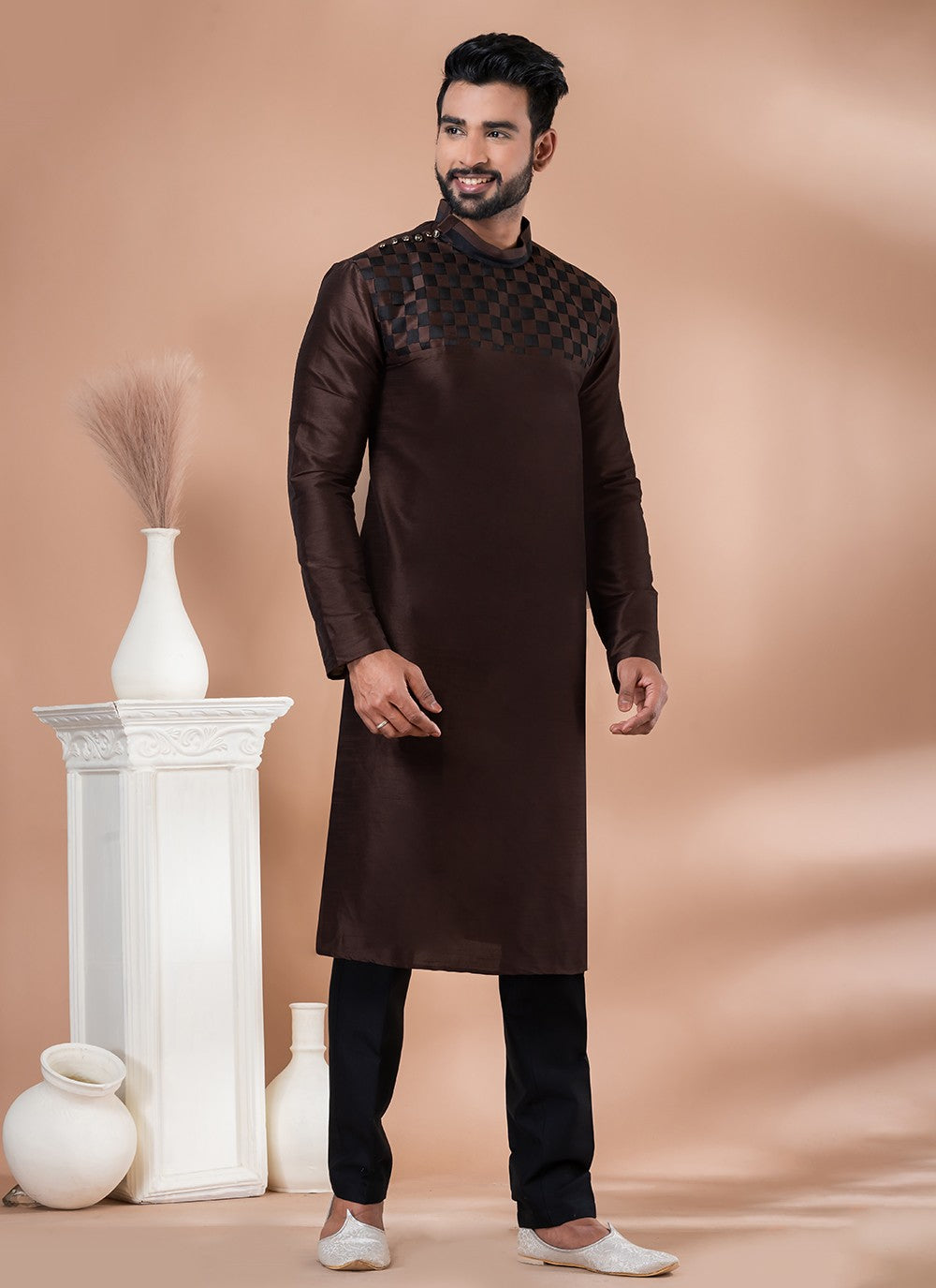 Fancy Work Banarasi Silk Brown Kurta Pyjama - M6988