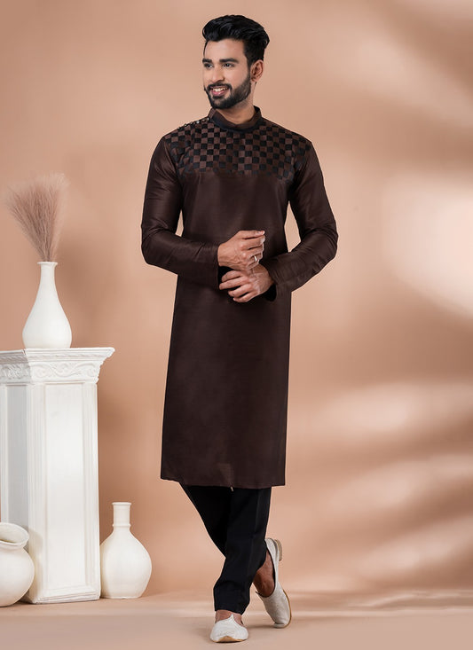 Fancy Work Banarasi Silk Brown Kurta Pyjama - M6988