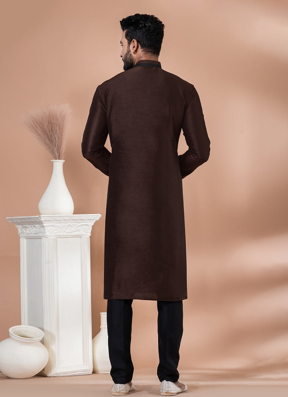 Fancy Work Banarasi Silk Brown Kurta Pyjama - M6988