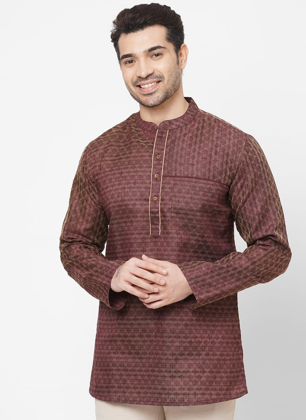 Fancy Work Polly Cotton Brown Short Kurta - M4408