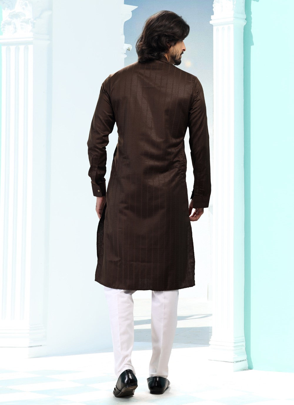 Fancy Work Silk Brown Kurta Pyjama - M5187