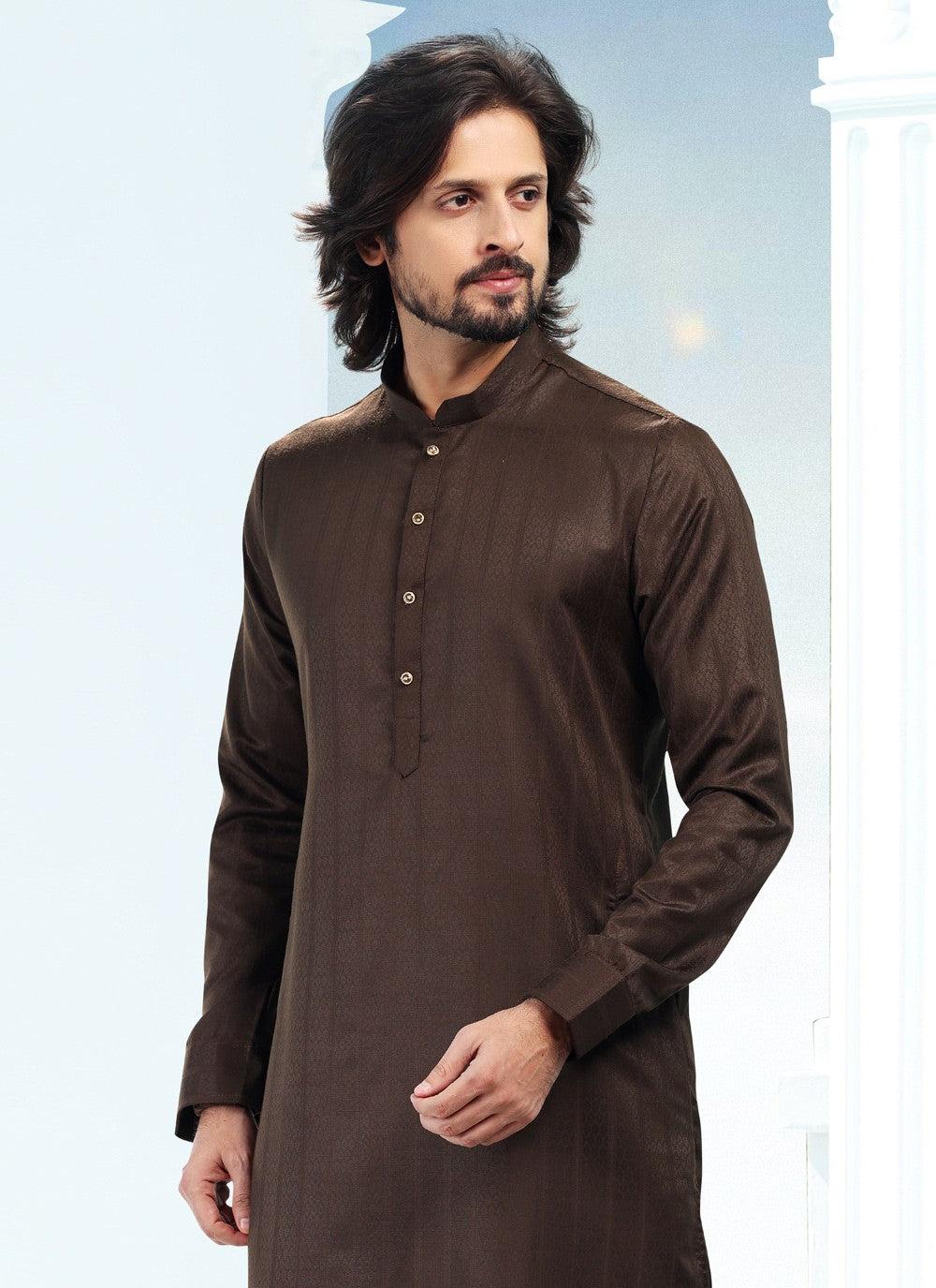 Fancy Work Silk Brown Kurta Pyjama - M5187