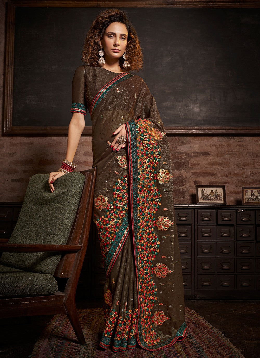 Classic Embroidered Chinon Saree - S3487