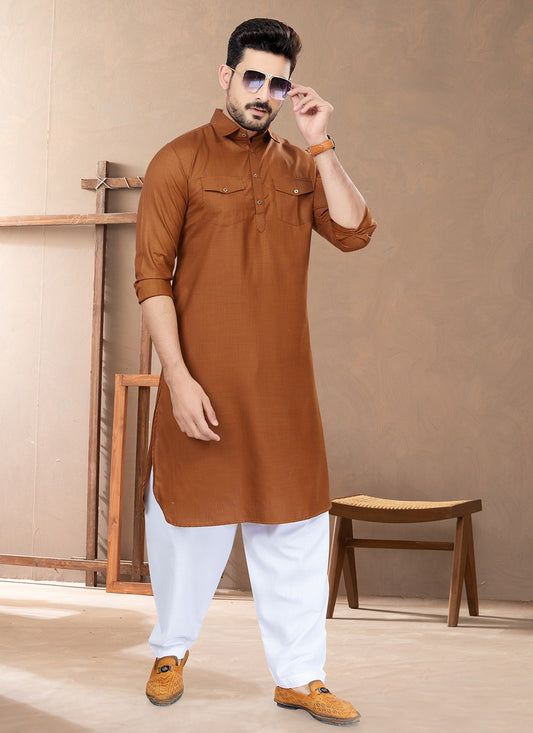 Plain Cotton Brown Kurta Pyjama - M6485