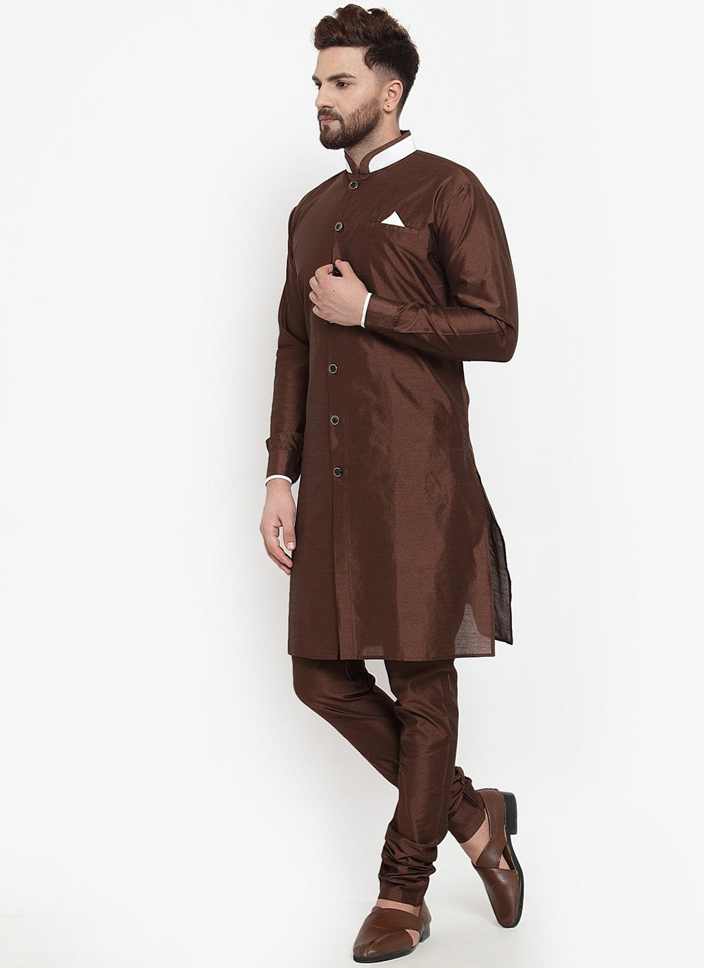 Plain Banarasi Silk Brown Kurta Pyjama - M2461