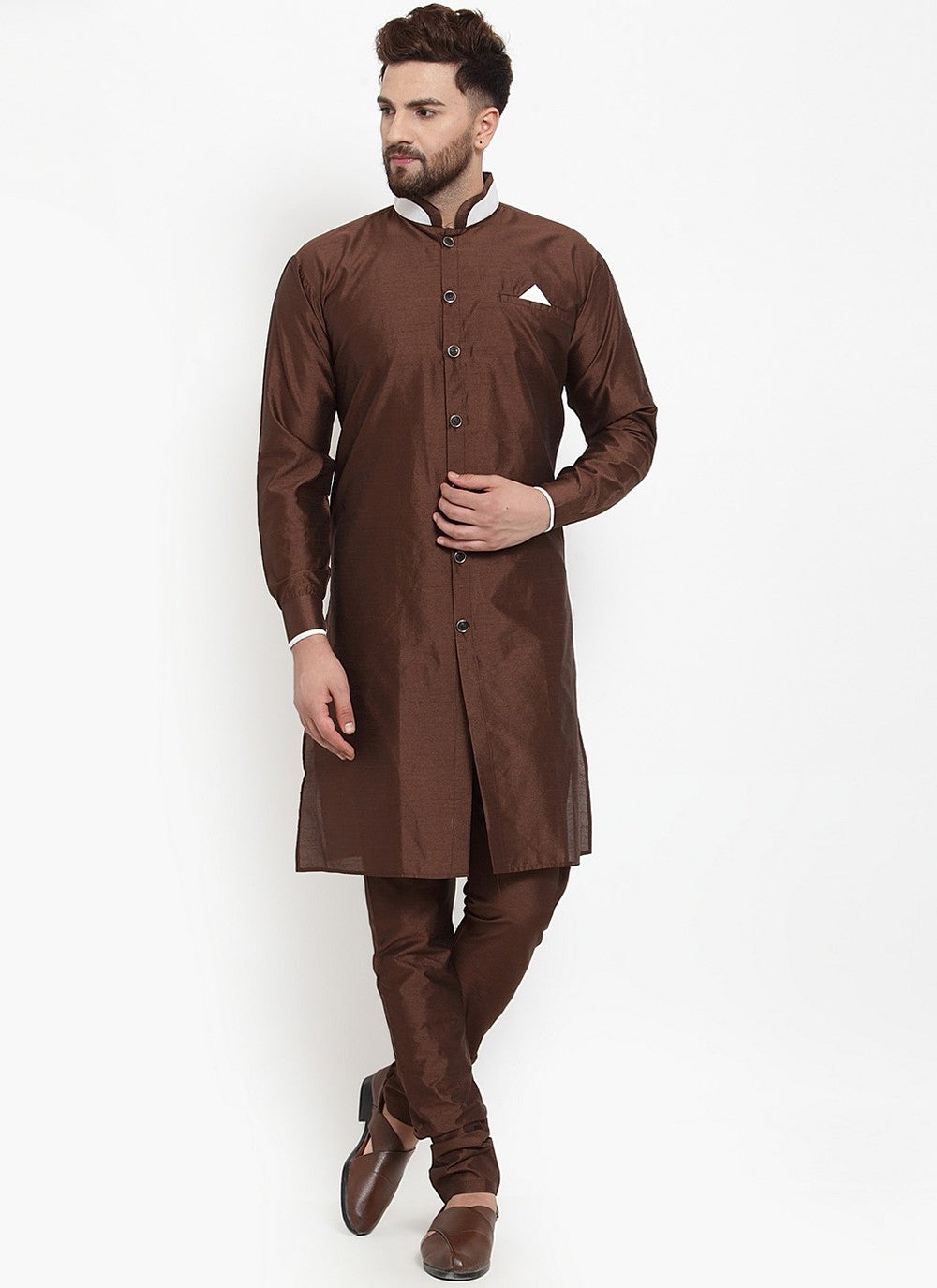 Plain Banarasi Silk Brown Kurta Pyjama - M2461