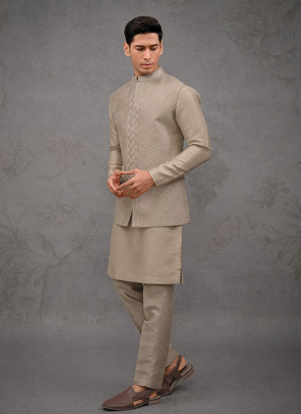 Embroidered Silk Brown Kurta Payjama With Jacket - M8464