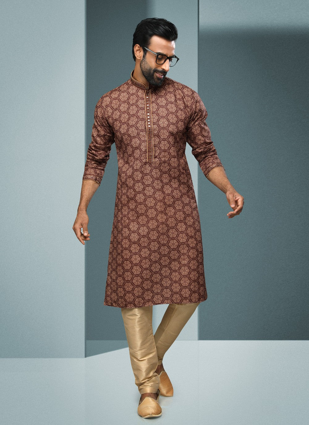 Digital Print Handloom Cotton Brown Kurta Pyjama - M4061