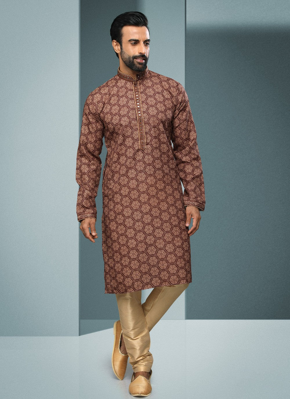 Digital Print Handloom Cotton Brown Kurta Pyjama - M4061