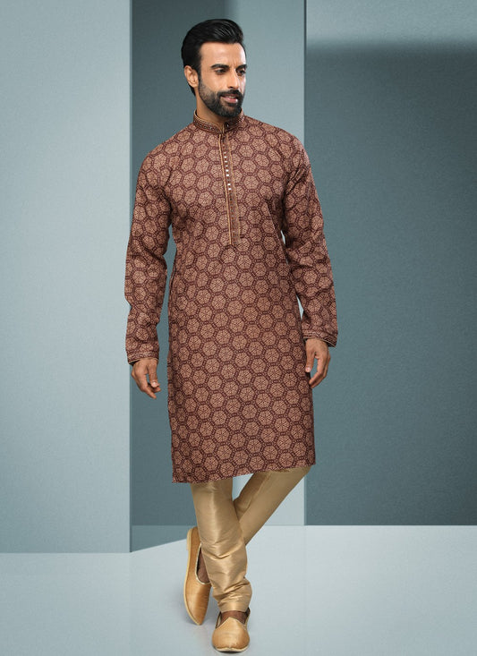 Digital Print Handloom Cotton Brown Kurta Pyjama - M4061