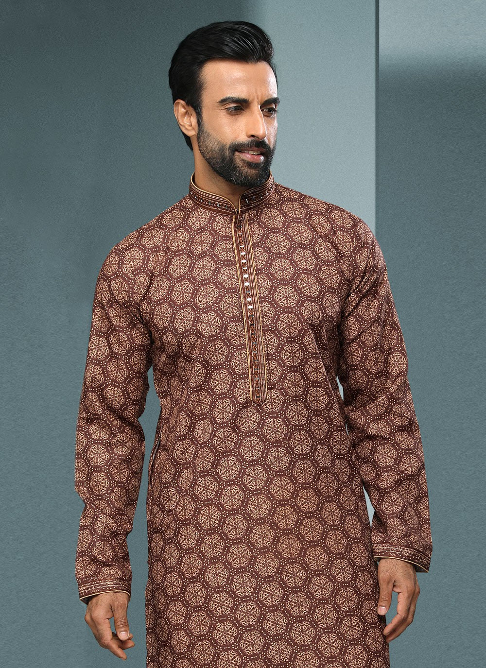 Digital Print Handloom Cotton Brown Kurta Pyjama - M4061