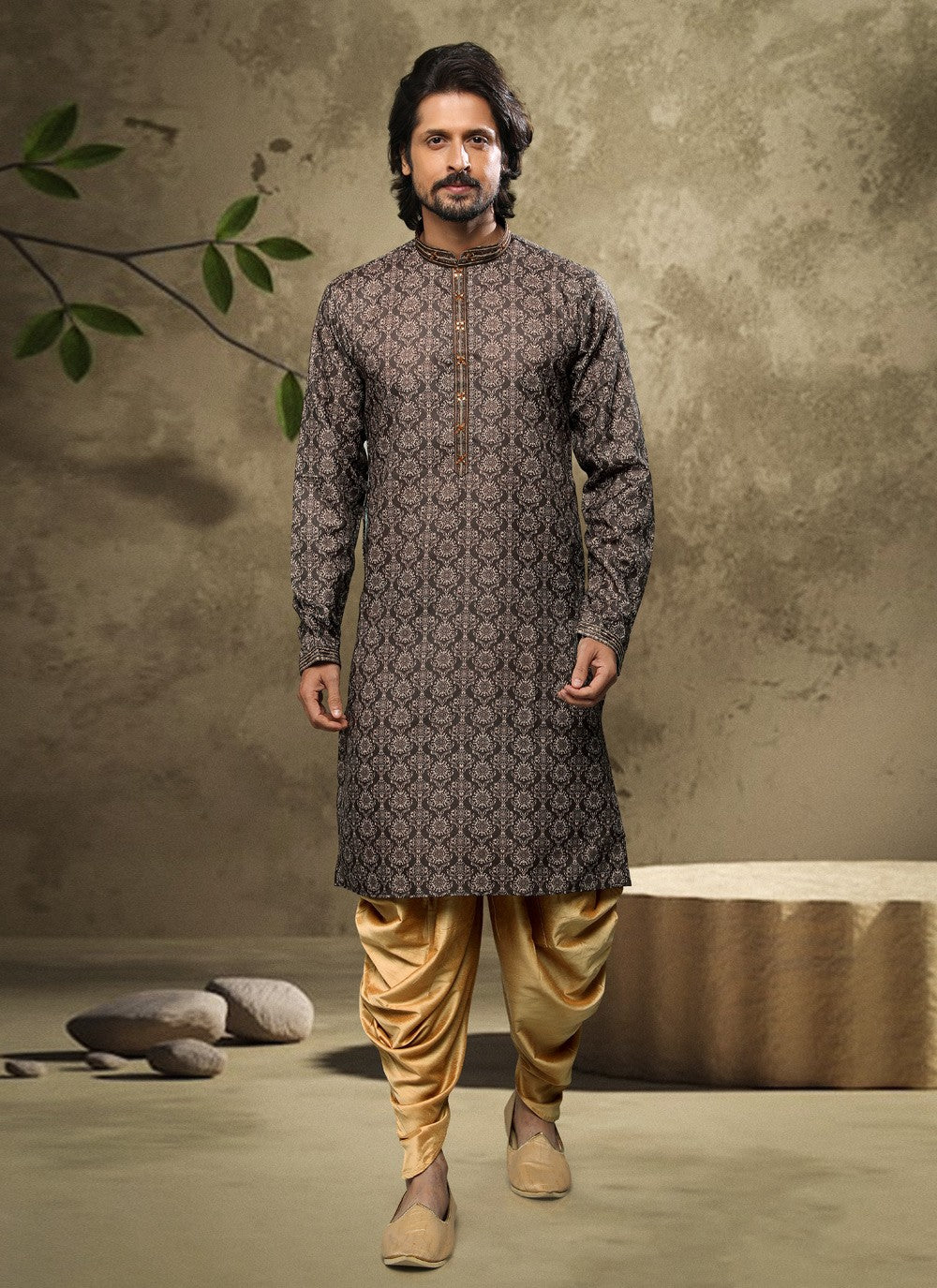 Digital Print Handloom Cotton Brown Dhoti Kurta - M3863